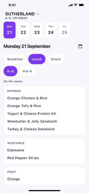 The lunch menu for a Monday at Sutherland, showing entrees, vegetable and fruit.