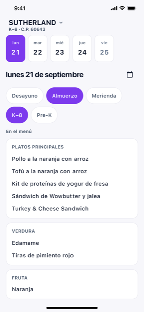 The same menu shown in Spanish, with dish names as the district publishes them.