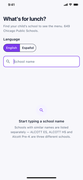 The school search screen with a language control above it.